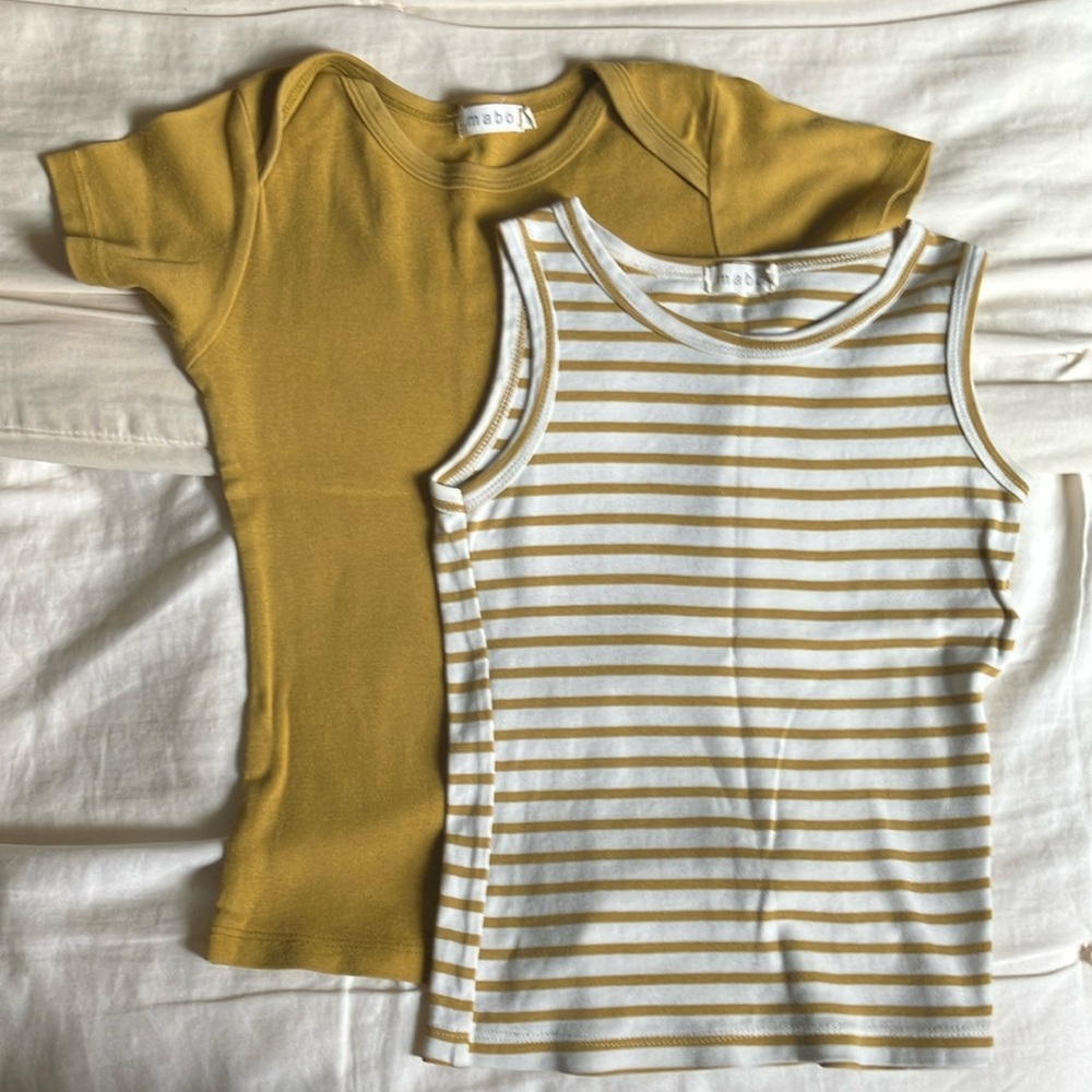 Mustard yellow t-shirt and mustard yellow/white striped kids tank top